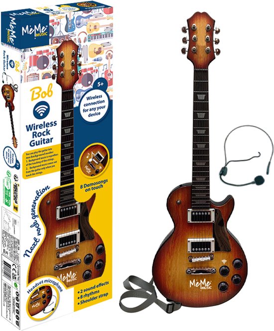 MeMe Wireless Rock Guitar Bob in bruine en oranje houtnerf afwerking, met headsetmicrofoon, schouderband en de verpakking.