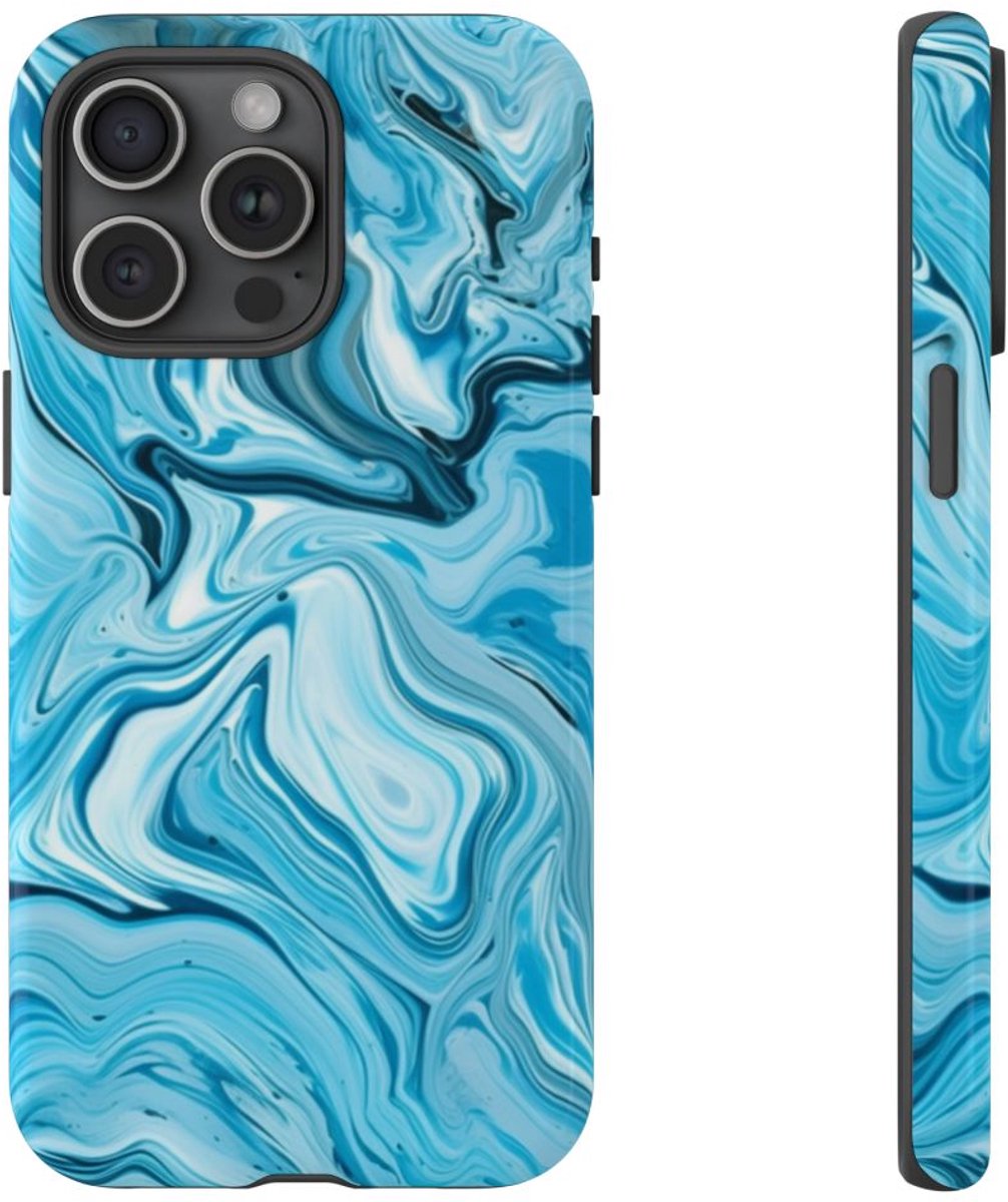 Blauw-Witte Marmeren Swirl Abstract – Telefoonhoesje Geschikt voor iPhone 15 Pro Max