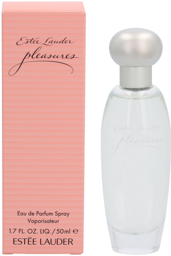 Estée Lauder Pleasures Eau de Parfum spray 50 ml, in een roze verpakking met horizontale strepen.