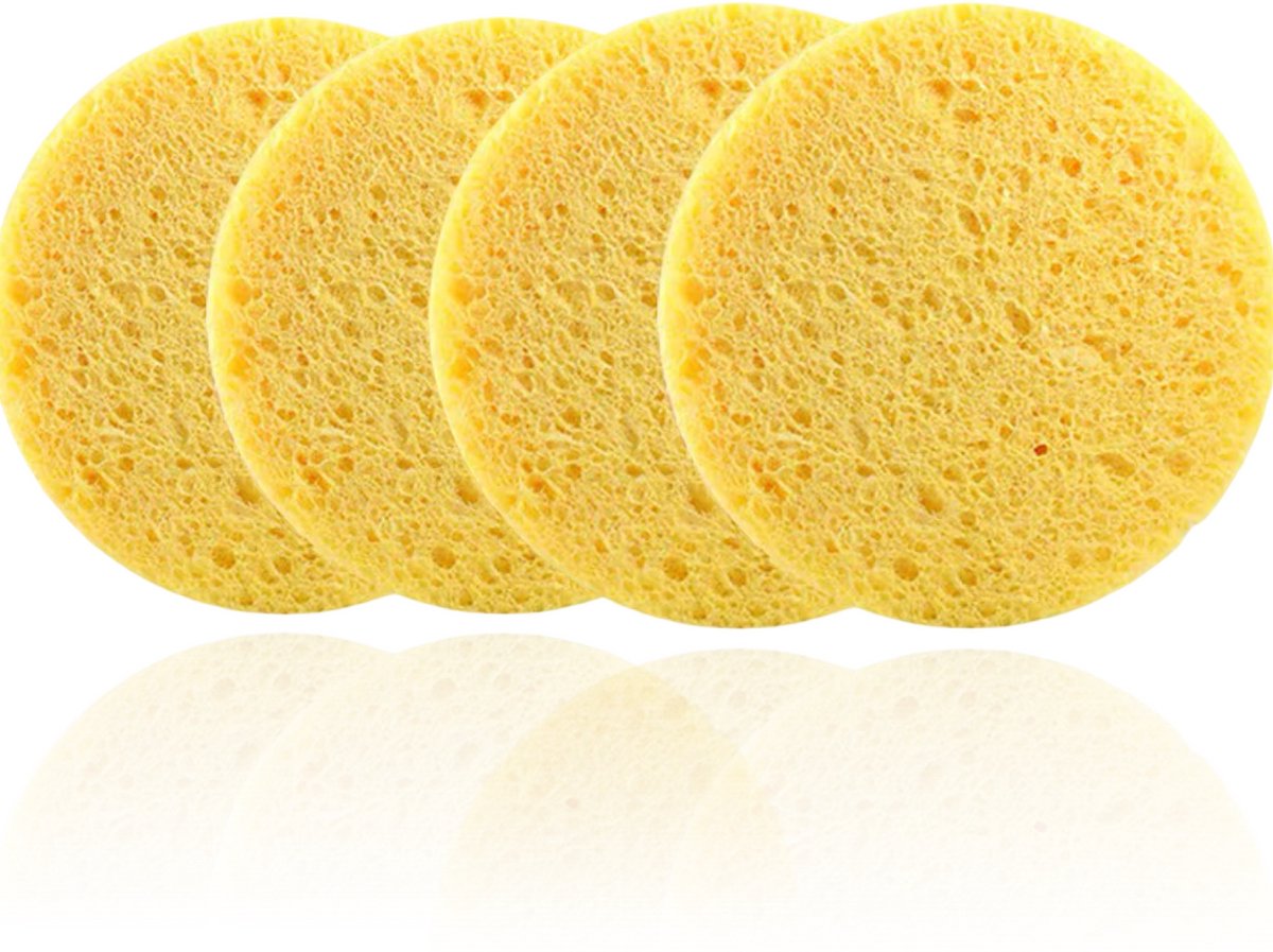 Cailean - Gezichtssponsjes - 4 Stuks - 7cm Ø - Reinigingssponsjes - Spons - Make-up sponsjes - Geel - Rond - Voor dagelijks gebruik
