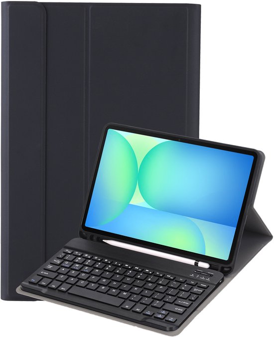 Zwart tablet toetsenbord hoesje met tablet, in gesloten en open stand.