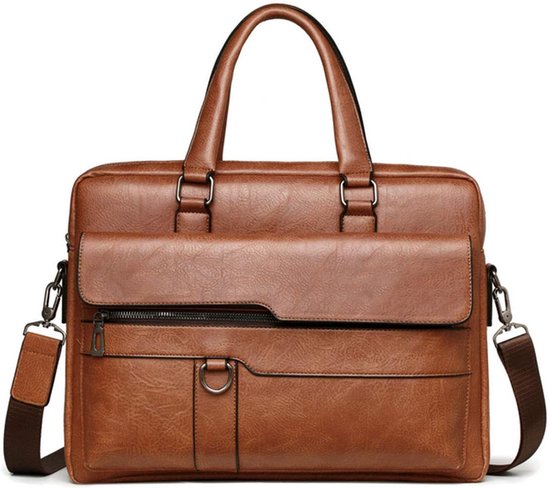 Techidna® - Sacoche pour ordinateur portable 14 pouces - Cuir PU marron - Sac de travail - Cartable - Porte-documents homme et femme - Avec bandoulière - Hydrofuge