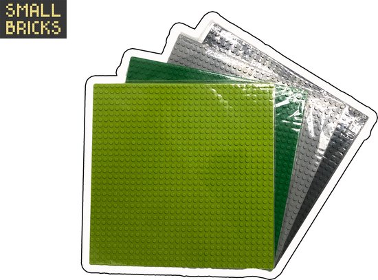Vier bouwplaten: limegroen, groen, lichtgrijs en donkergrijs, 32x32 noppen.