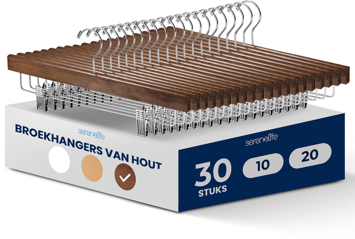 SereneLife Kledinghangers - Broekhangers - Rokhangers - 36 cm lang - Hout - Retro Bruin - Met Knijpers - Anti-Slip - 30 Stuks - Zware Kwaliteit - 360° Draaibare Haak