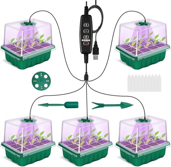 Kweekbak Starterset - Mini Kweekkas 5-delig – Propagator met LED - Timer en...