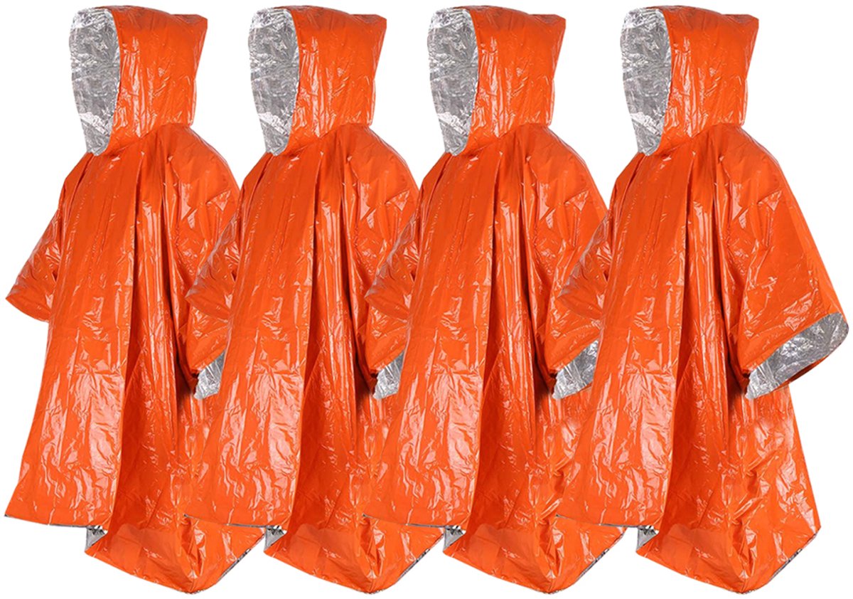 Nooddeken Regenponcho met Capuchon - Ultralight Waterdicht Thermisch Survival Space Blanket - Outdoor Camping Wandelen Nooduitrusting - 4 stuks
