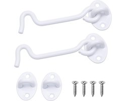 Windhaak 11 cm - Wit - Set van 2 - Inclusief 8 Montageschroeven - Roestvrijstalen Haak en Oog Sluiting met Poedercoating - Voor Deuren, Schuren, Hekken, Ramen en Kasten - Wit