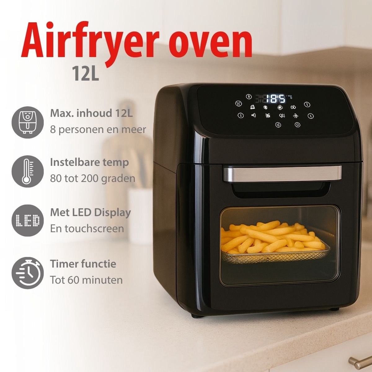 Afbeelding 2 van alpina Airfryer Oven XXXL - Heteluchtfriteuse 12L - Air Fyer 8 Personen en Meer - Heteluchtoven met Digitaal Display - Incl. Accessoires - Rotisserie Spit en Spitvork