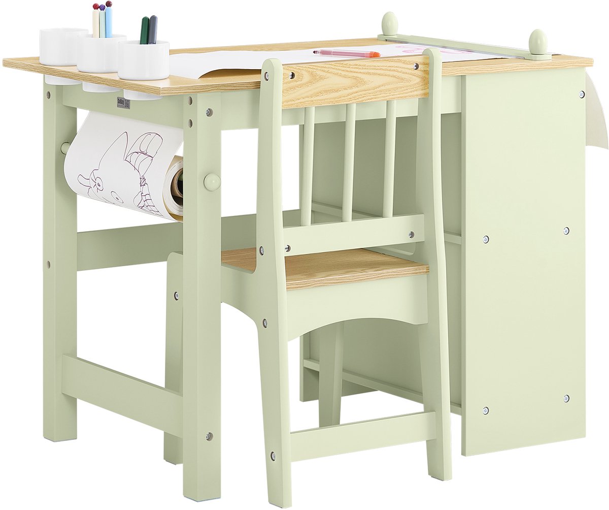 SoBuy Kindertafel met 1 stoel, kinderzitgroep met 1 papierrolhouder, kindertafelstoelset, speeltafel en schildertafel voor kinderkamer, tekentafel voor kinderen, groen, 80 x 66 x 50 cm KMB60-GR