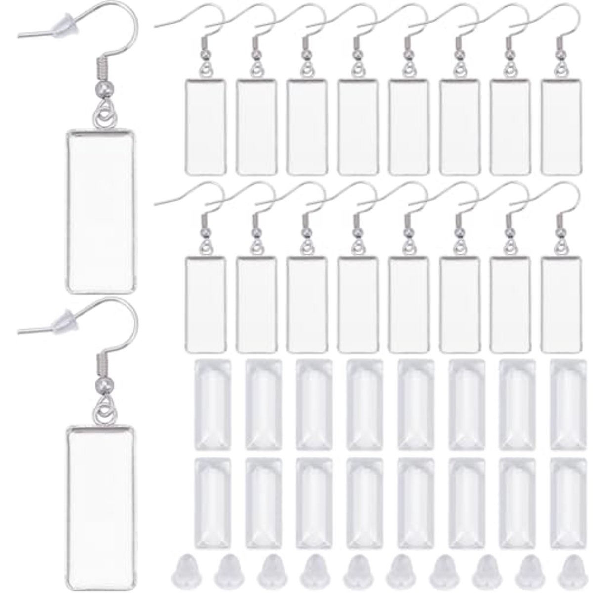 20 Stuks Earring Bezel Blanks - RVS Oorhaakjes 10x25mm - Inclusief Glas Cabochons en Silicone Oorbellenachterkant