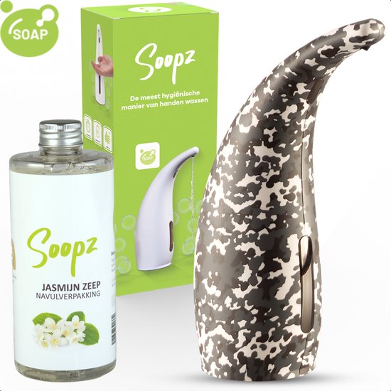 Soopz zeepdispenser met donkere camouflageprint, navulverpakking Jasmijn Zeep en de verpakking.