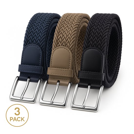 3 pack deal - XXL extra lang 130 cm - Elastische riem - gevlochten broekriem - dames en heren riemen - kleur 1 Blauw 2 Zwart 3 Kaki 130 cm -