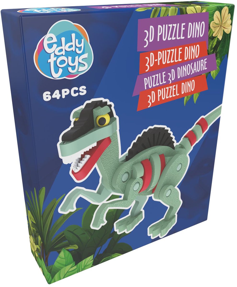 Eddy Toys 3D Puzzel Dino 64-delig - Puzzel Dinosaurus 3D - Bouwpuzzel 64 Stuks - Dinosaurus Model om Zelf te Bouwen - Speelgoed vanaf 3 Jaar