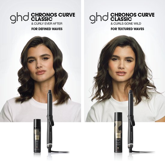 Twee modellen met ghd Chronos Curve Classic voor gedefinieerde en getextureerde golven. Inclusief stylingproducten.