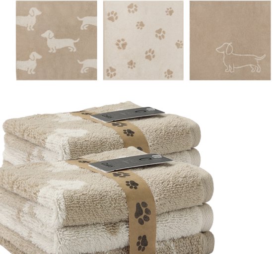 Ensemble de serviettes d'invités beige taupe, avec des motifs de teckels et d'empreintes de pattes.