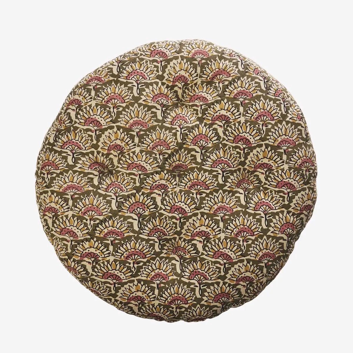 Madam Stoltz - Rond stoelkussen met Indiase print - 45 cm - groen, roze, mosterd