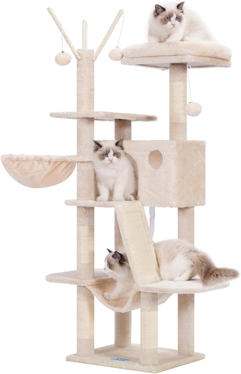Retadou – Krabpaal, 135 cm indoor kattenboom, met gevoerd platformbed, speelgoedbal, holletjes, hangmat en sisal krabpaal, beige
