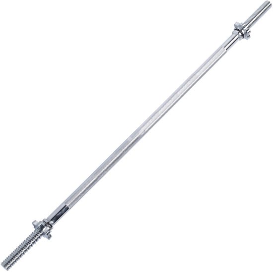 Een 180 cm lange, chromen halterstang met schroefsluiting en grip textuur.