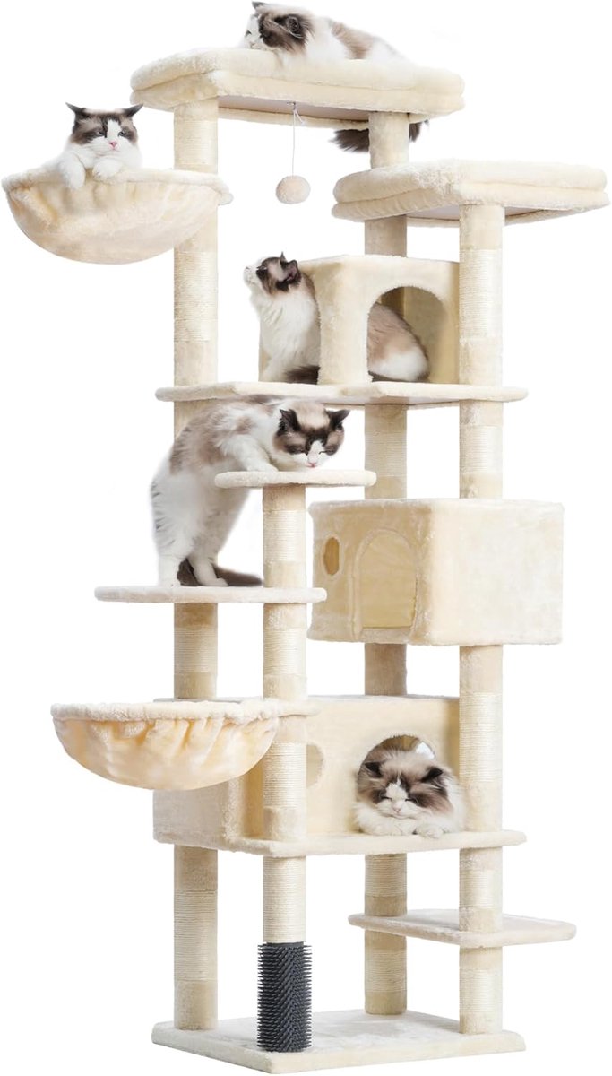 Retadou – Krabpaal, 188 cm kattenboom, XXL klimboom met 2 groot platform, 3 holletjes, 2 manden, pluche ballen en sisal krabbomen, kattenkrabpaal met meerdere verdiepingen, beige