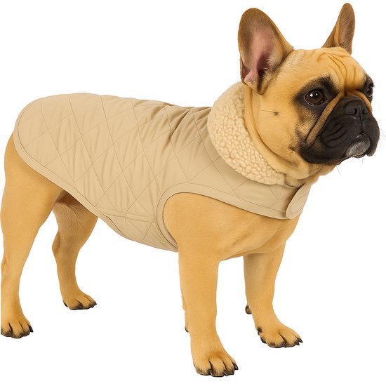 Lichtbruine franse buldog in een beige, doorgestikte jas met teddy kraag.
