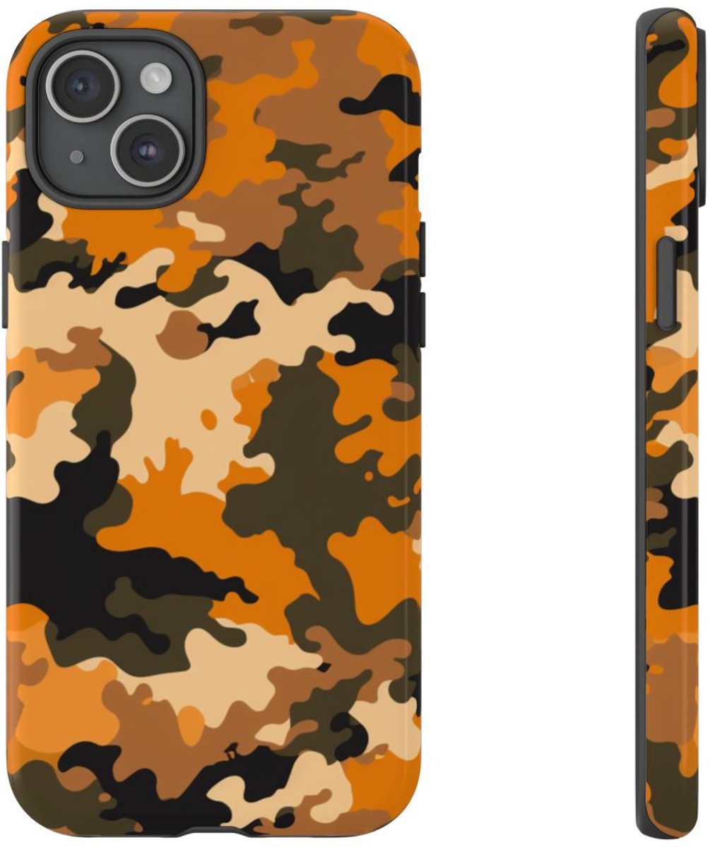 Oranje Woodland Camouflagepatroon – Telefoonhoesje Geschikt voor iPhone 15 Plus