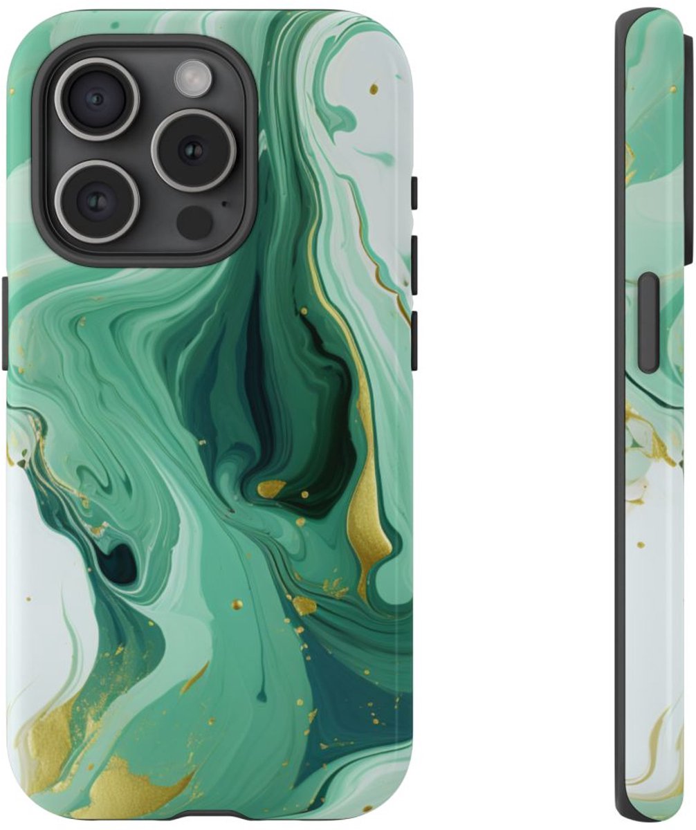 Groen-Gouden Marmerwerveling – Telefoonhoesje Geschikt voor iPhone 15 Pro