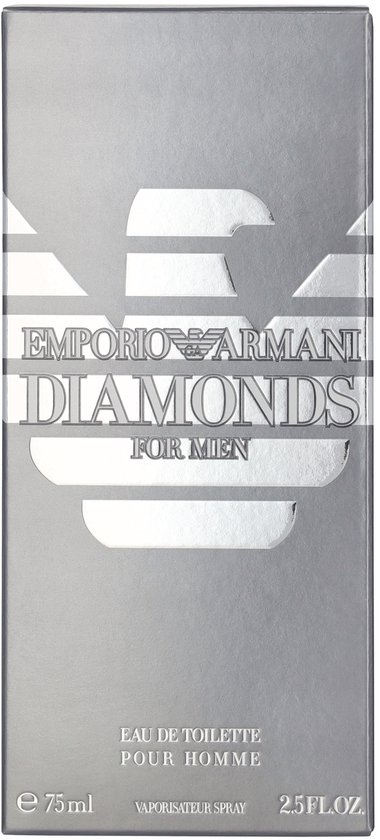 Zilverkleurige doos met Emporio Armani Diamonds for Men logo, 75ml.