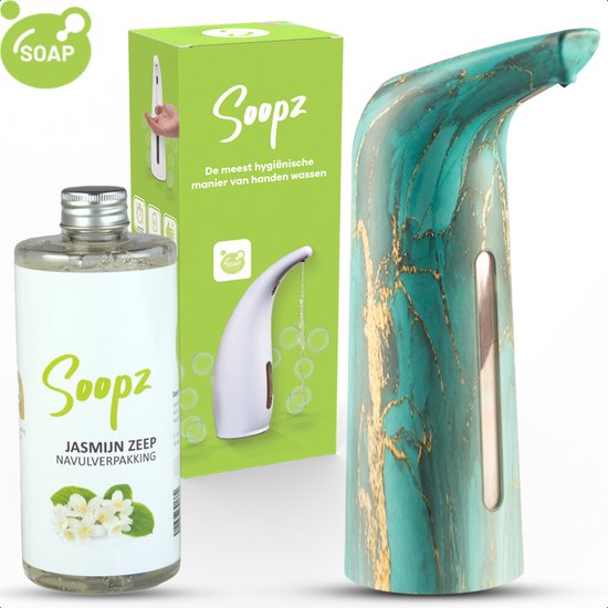 Zeepdispenser met jade marmerpatroon, inclusief fles navulverpakking met jasmijnzeep en doos.