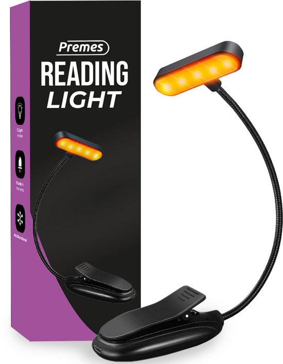 Premes leeslampje – 5 lichtstanden – oplaadbaar USB – met klem