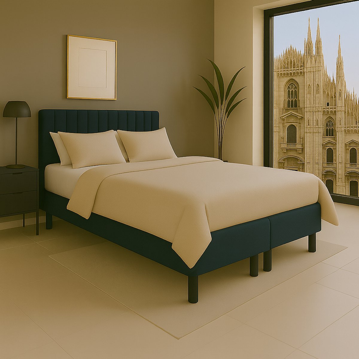 Boxspring vlak Milano 160x200 cm Luxe Pocketvering Stof donkerblauw Gratis 2x Hoofdkussens