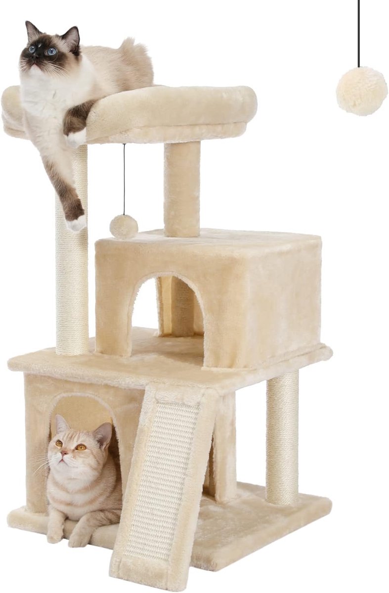 Retadou – Kattenboom, krabpaal, kattenmeubel met sisaltouw, pluche, ligstoel, speelhuisje, speelgoed voor katten, beige – M: 90 cm