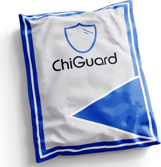 Sachet d'emballage ChiGuard blanc et bleu avec un logo de bouclier.