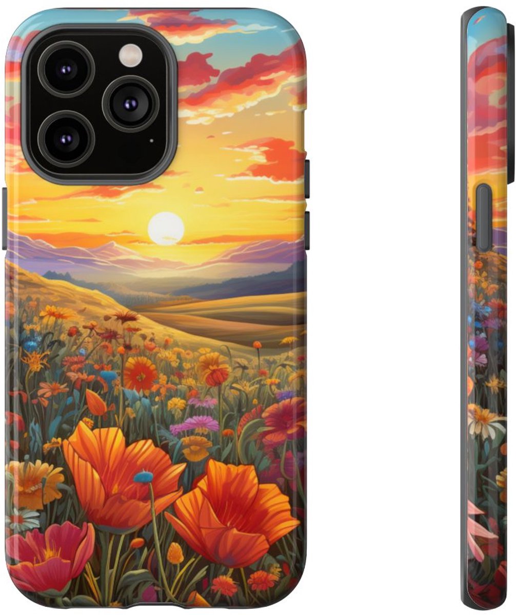 Zonsondergang boven Wilde Bloemenweide – Telefoonhoesje Geschikt voor iPhone 14 Pro Max