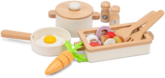 Woet® Houten Pannenset met Ovenschaal Wit - 20-delige Set met Groente en Kookgerei - Speelgoed Keukenset - Speelgoedkeuken Accessoires voor Kinderen - Rollenspel Keukenspeelgoed - Vanaf 24 Maanden