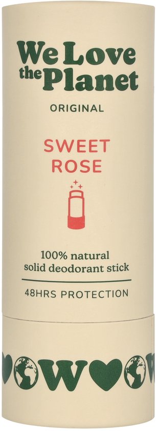 Crème-kleurige deostick met groene tekst 'We Love the Planet ORIGINAL SWEET ROSE 100% natural solid deodorant stick 48HRS PROTECTION'.