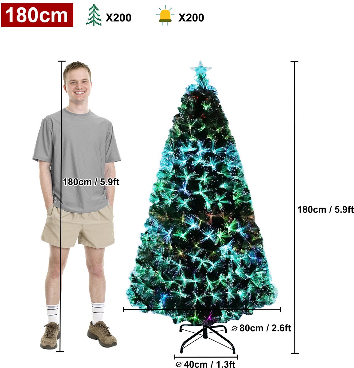 Kunstkerstboom met verlichting 180cm met dennennaalden en sparrenvezels kleurrijke glasvezel LED-kleurveranderende kerstboom kantoor thuis kerstversiering met standaard – foto 2