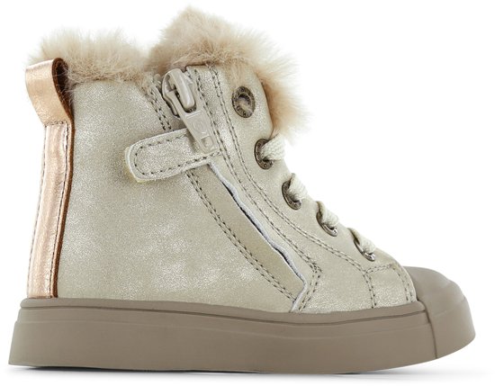 Côté de bottine à lacets beige avec fermeture éclair, col en fourrure et imprimé chat