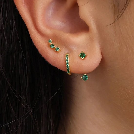 Groen Modulaire Oorbellen Set met Zirkonia Stenen - 18K Verguld Dames Oorbellen - 925 Sterling Zilver - Dames Sieraden