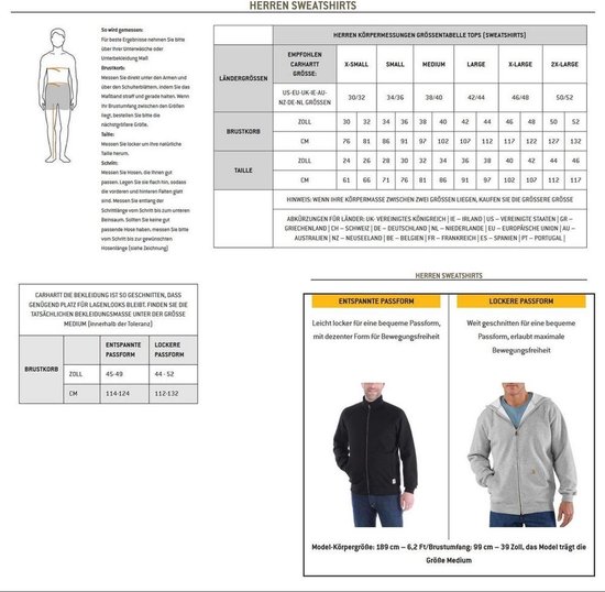 Maattabel voor herensweaters met informatie over maten en pasvormen.