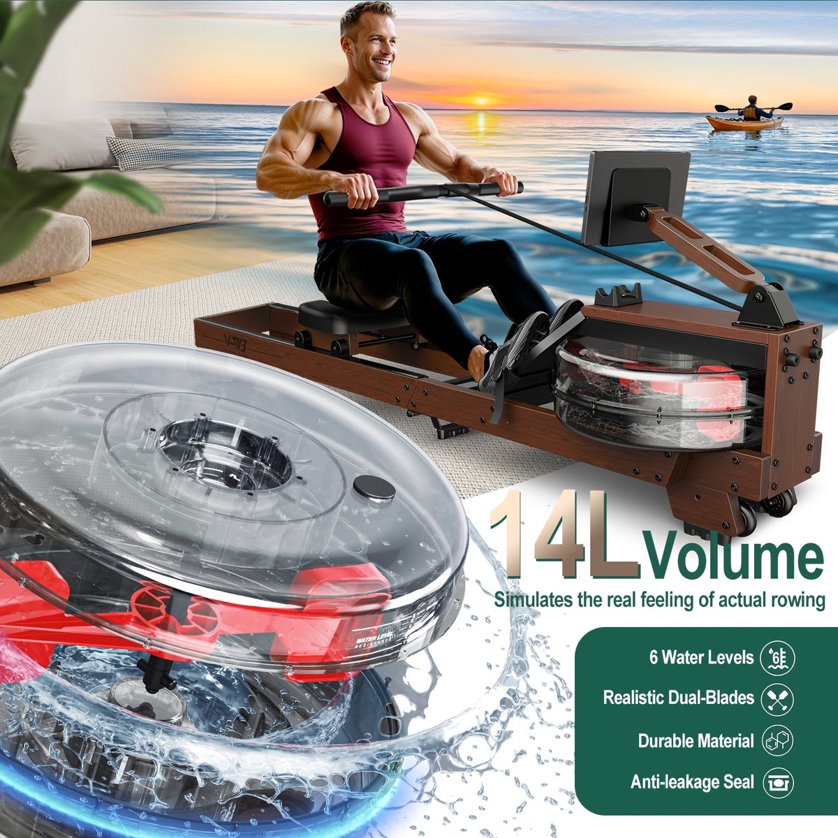 Roeimachine – Waterroeier – Fitnessroeier – Homegym Roeimachine – Indoor Roeitrainer – Massief Eikenhout – Inklapbaar & Waterweerstand – Geschikt Voor 1,2m Tot 2m & Max 175 kg - Roeimachine - €628,99