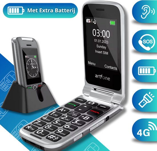 Senioren Telefoon met Extra Batterij - Simlock vrij - Klap GSM - Dubbel Klapbaar scherm