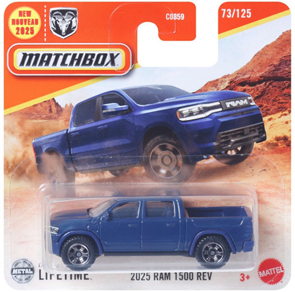 MATCHBOX 2025 RAM 1500 REV TRUCK METALIC BLUE 73/125 1:64 USA PICKUP SHORT CARD 2025