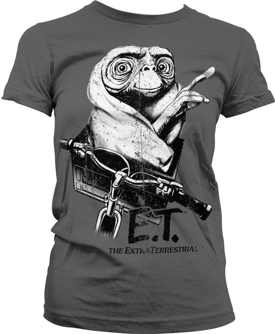 Donkergrijs dames T-shirt met E.T. in een fietsmand, "E.T. THE EXTRA-TERRESTRIAL".