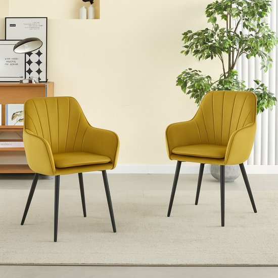 Colenis® - Chaise de salle à manger Melissa - Set de 2 - Jaune ocre - Velours - Avec accoudoir