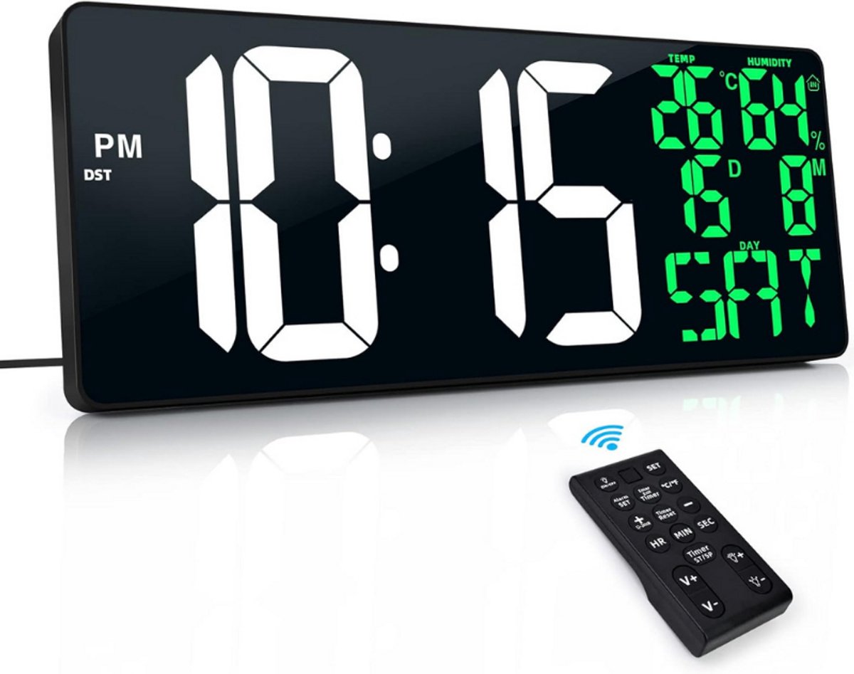 Digitale Wandklok Met Extra Groot 43 Cm Display - Afstandsbediening - Klok - Temperatuur - Kalender - Dagfunctie - Wit + Groen