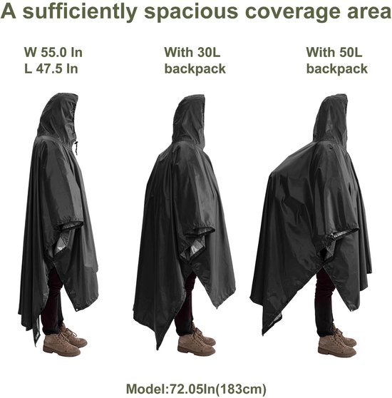 Zwarte regenponcho, één maat voor de meeste mensen, met en zonder rugzak.