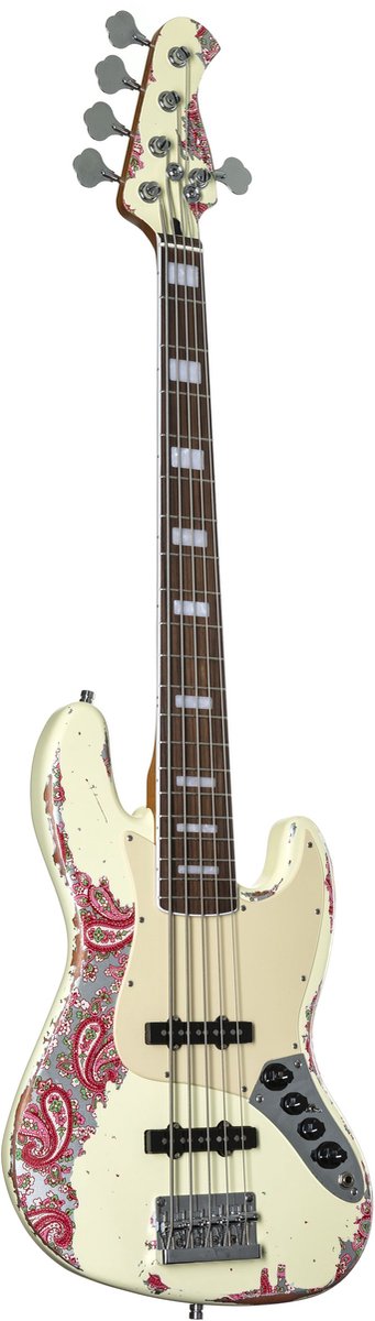 Fame Custom JB 5 Worn Vintage White over Pink Paisley - Elektrische basgitaar