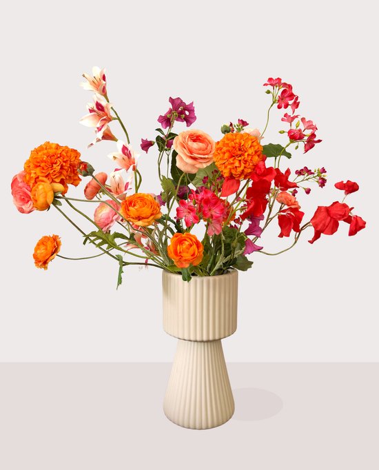 Bouquet de soie Sam – Bouquet champêtre aux tons rose et Oranje – 10 tiges – ± 70 cm – Hors vase – Fleurs artificielles – Bouquet cueilli – Fausses fleurs – Cadeau durable