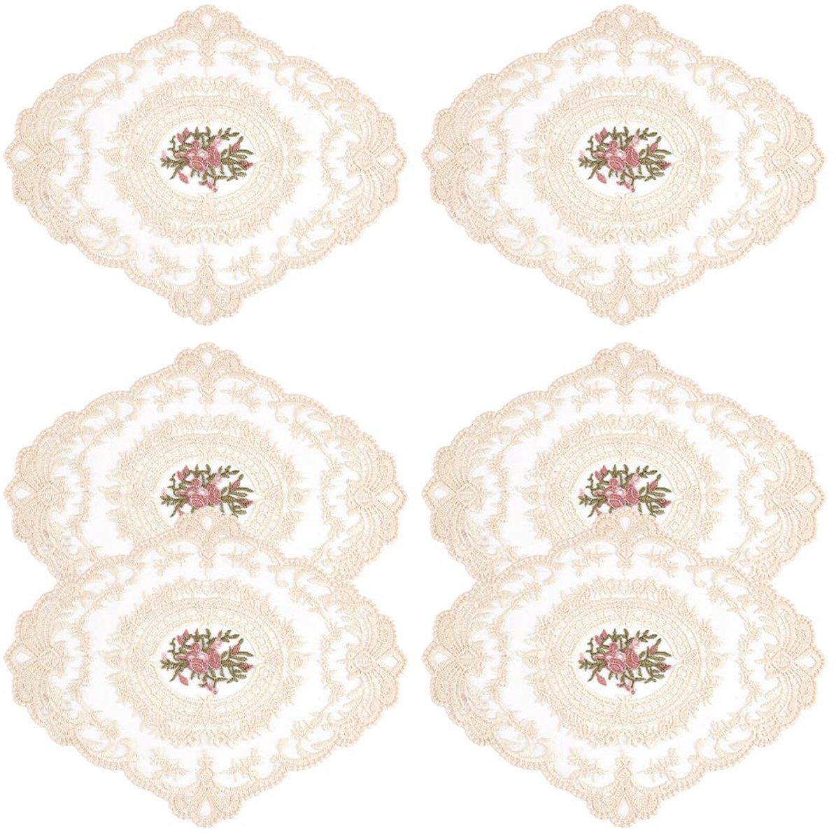 Image of 6pcs Beige Retro Kant Tafelmatten 21.4cm x 26.6cm Ovale Geborduurde Placemat Set