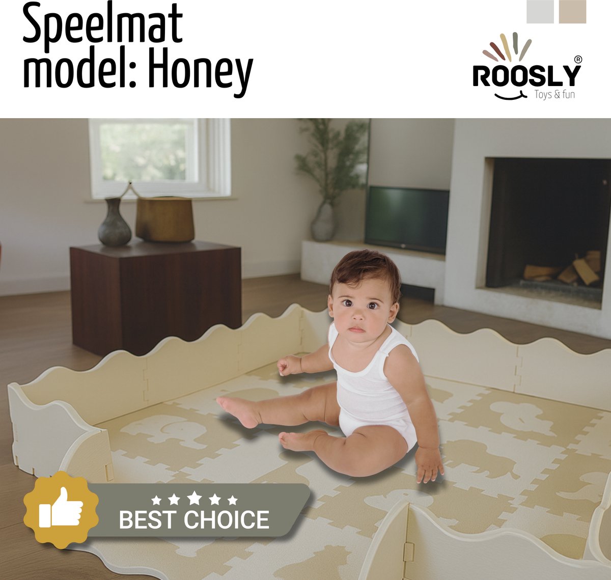 Roosly Speelmat Baby - Speelkleed Baby - babygym - kruipmat - playmat - Foam vloerpuzzel 145 x 145 cm - Opstaande Rand - Inclusief Opbergtas - speelgoed - Veilig & Zacht - Beige thumbnail 6